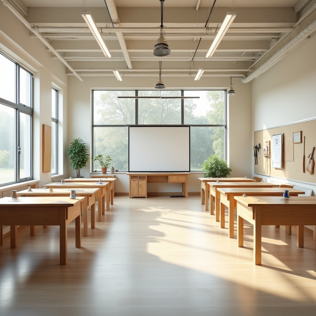 Wide shot of a bright workshop classroom with several small workbenches arranged for a beginner woodworking group session