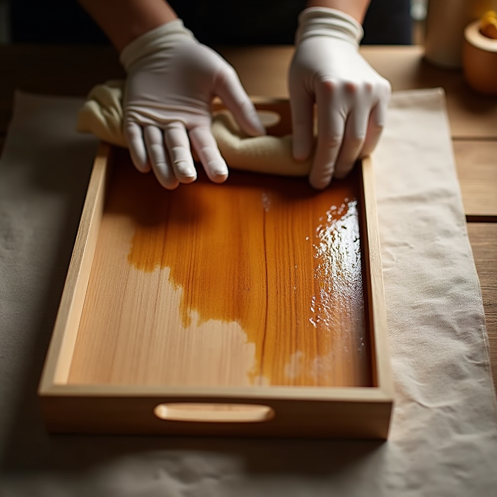 Hands applying wood stain with a cloth to a small wooden serving tray on a workbench