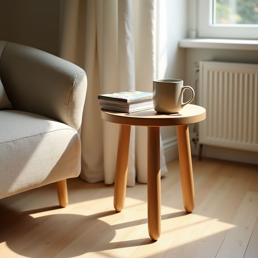 Small wooden side table with tapered legs finished with natural oil sitting beside an armchair