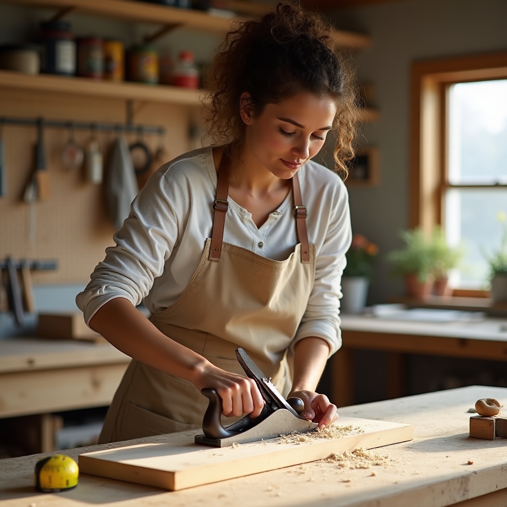 Beginner woodworker planing a wooden board at a home workbench surrounded by hand tools