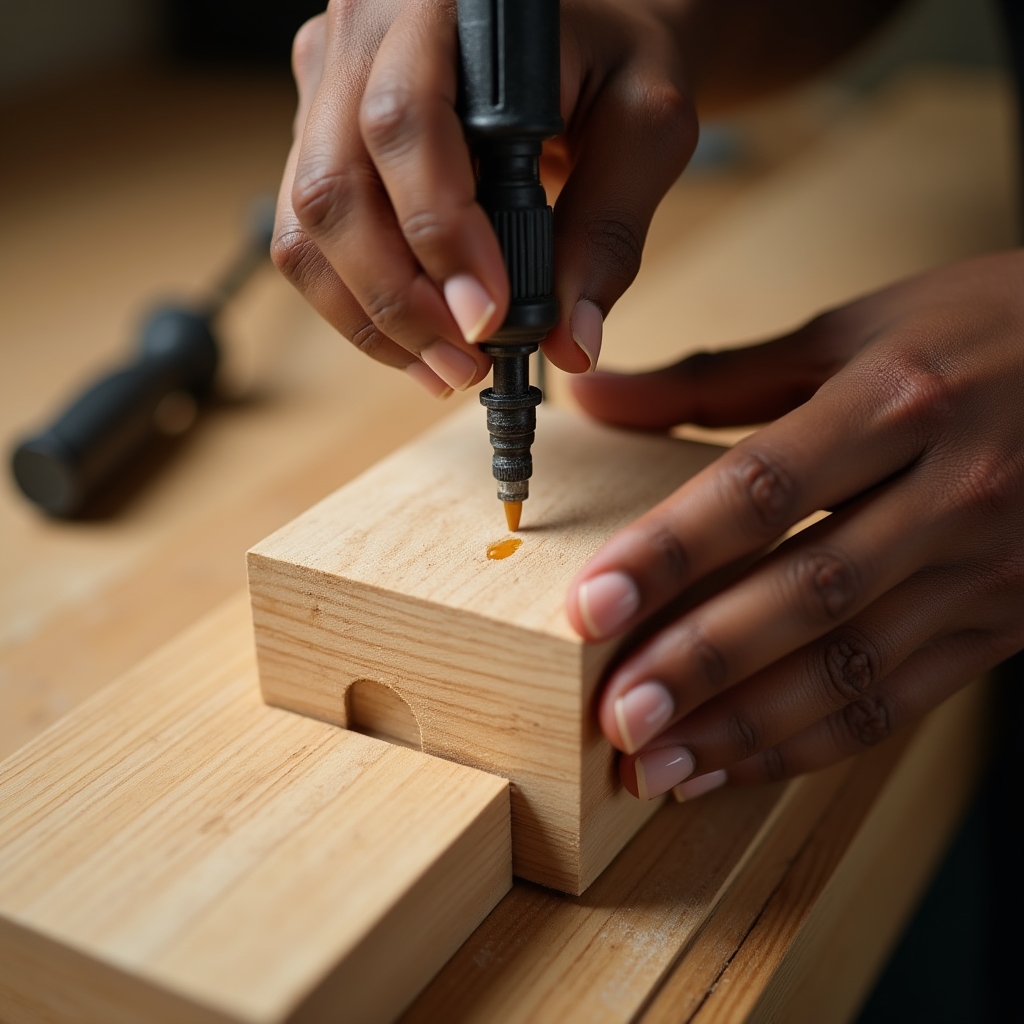 Close-up of hands assembling a wooden box joint with wood glue and a small clamp on a workbench