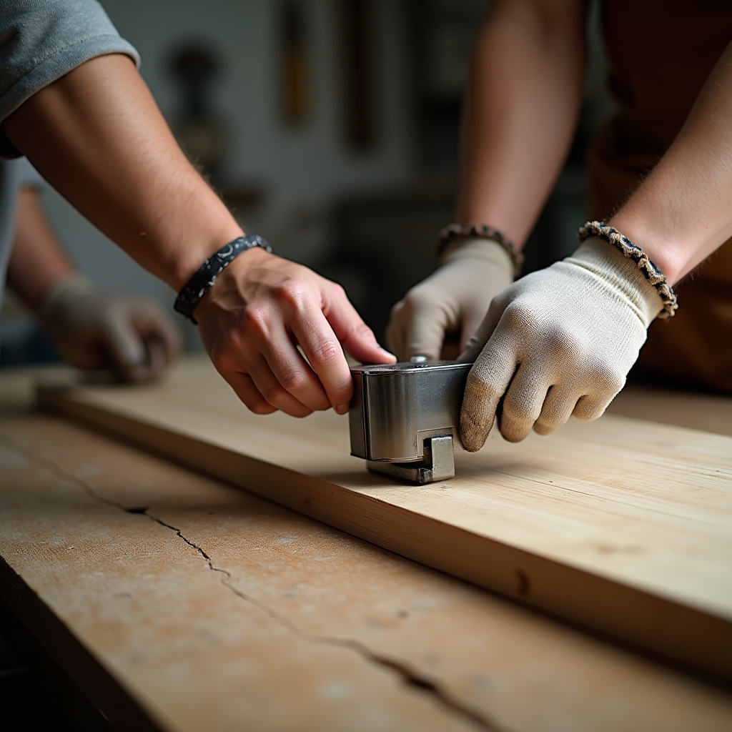 Close-up of hands wearing safety glasses adjusting a clamp on a wooden board before cutting